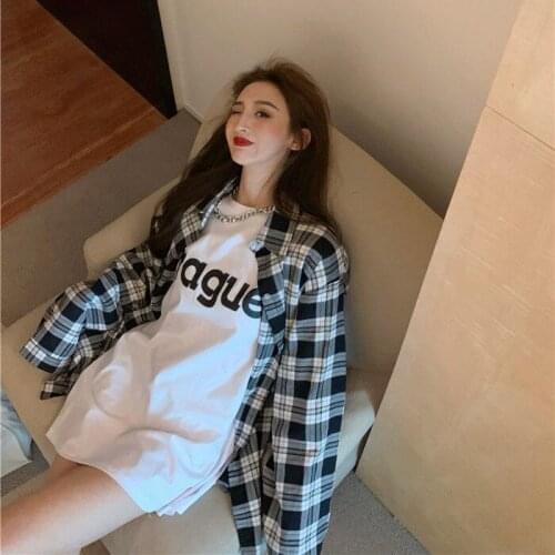 Loose Mid-length Shirt Jacket Womens Suit Retro Check Sunscreen Shirt + Cotton T-shirt Inside The Jacket Two-piece