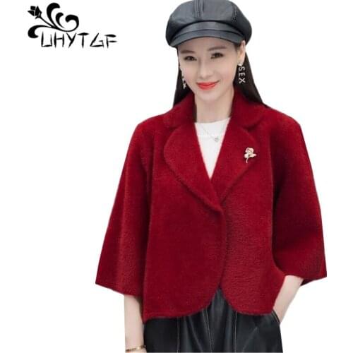 UHYTGF Mink fleece short jacket fashion shawl knitted cardigan womens elegant spring autumn coat casual 3XL plus size tops 1060