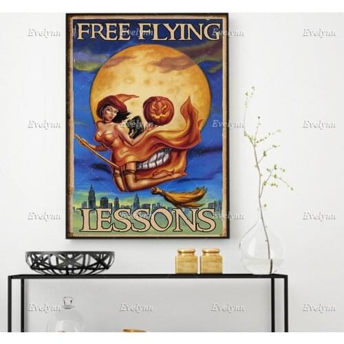Witchcraft Witch Girl And Skull Free Flying Lessons Poster Halloween Wall Art Prints Home Decor Canvas UniqueGift Floating Frame