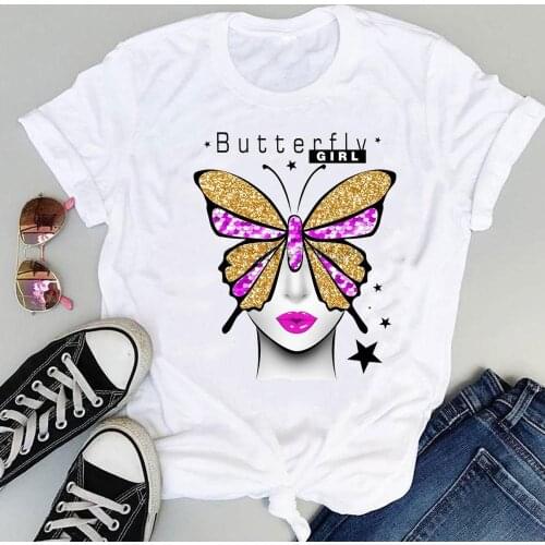 Women Fashion Print Graphic Cartoon 90s Butterfly Trend New Cute Summer Short Sleeve Female Clothes Tops Tees Tshirt T-Shirt