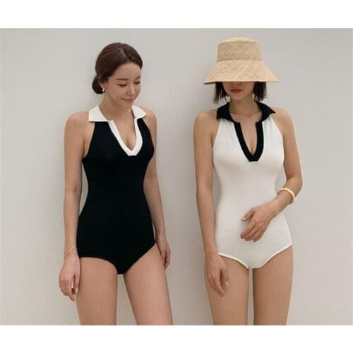 2021 Women Sexy V Neck One Piece Swimsuit Solid Swimwear Slim Monokini Push Up Swim Suit Korea Style Bathing Suit