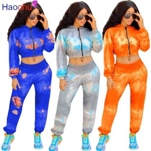 Womens Sport Suits Tie Dye Two Piece Tracksuit Long Sleeve Hooded Zipper Crop Tops and Elastic Waist Sporty Jogger Streetwear