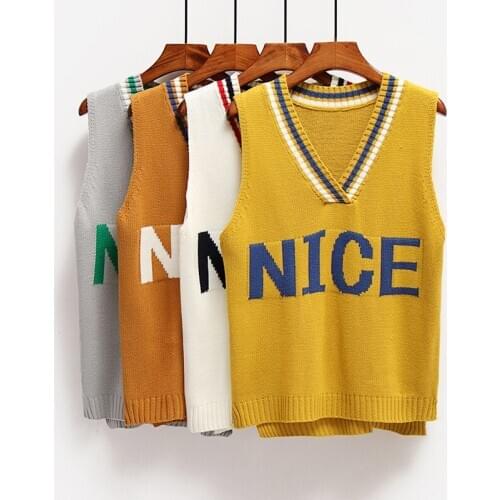 Spring 2020 Women Vest Fashion Korean Style V-neck Knitted Sweater Korean Version Loose Sweater Letter Embroidery Vintage Veest