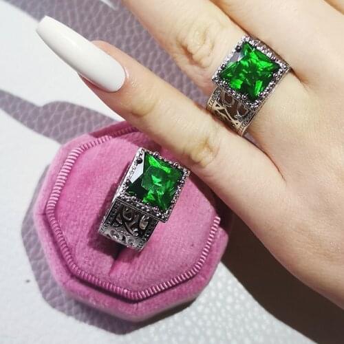 925 sterling silver green princess cut cubic zircon engagement ring for women wedding exaggerated big brand party gift r4988