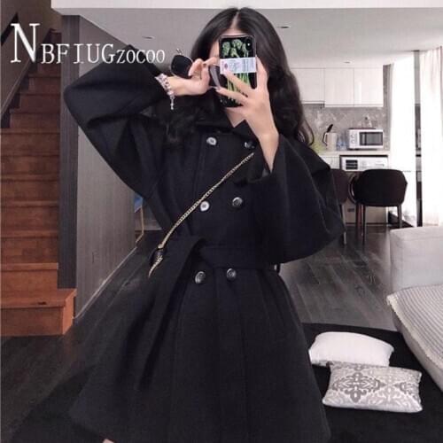 Autumn Winter Korean 2020 New Waist Strap Women Woolen Coat Black Color Female Jacket