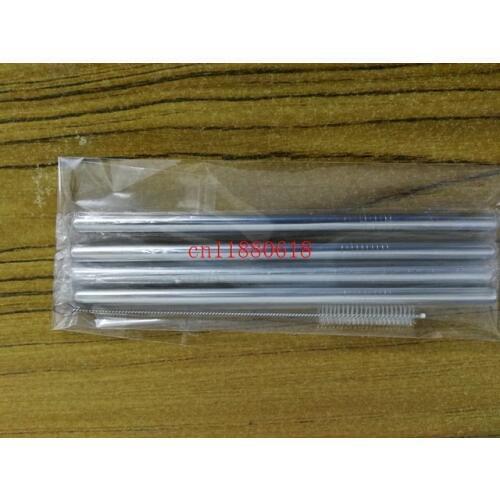 100Sets/lot 4pcs 9.5*215mm High quality Straight and Bend 304 stainless steel drinking straw With 1pcs straw brush