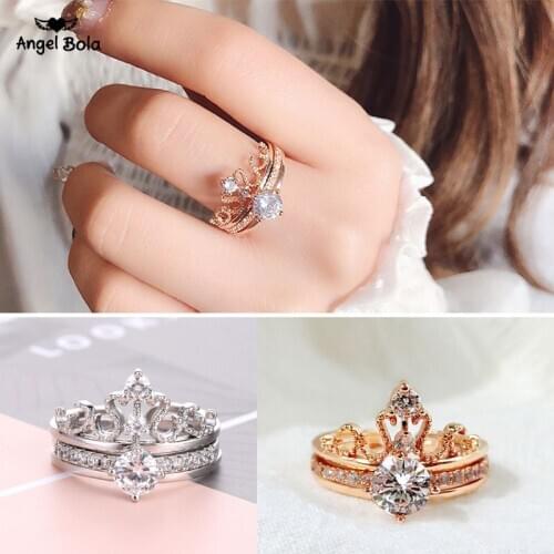 2pcs/lot Cubic Zirconia Crystal Crown Bridal Rings Set for Women Female Engagement Anniversary Wedding Jewelry Accessories Gifts