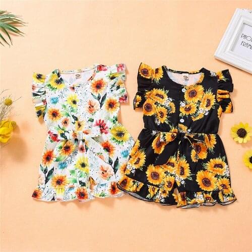 2021 Cute Summer Rompers Toddler Baby Girls Rompers Cute Ruffle Sleeve Button Front Floral Print One-Piece Jumpsuit Shorts