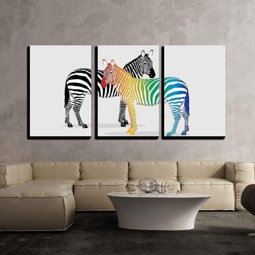 3 Piece Canvas Wall Art - Zebras with Multi-Colored Strips - Modern Home Decor Printed On Canvas Drop shipping