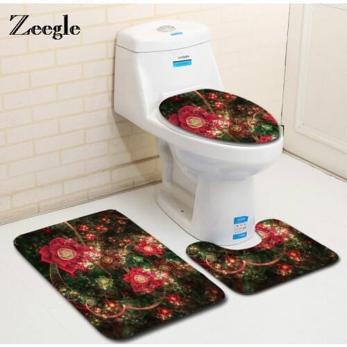 Zeegle 3pcs Rose Pattern Bathroom Carpet Set Flannel Bath Mat Set Doormat Nonip Bathroom Floor Mats Toilet Rugs Shower Mats