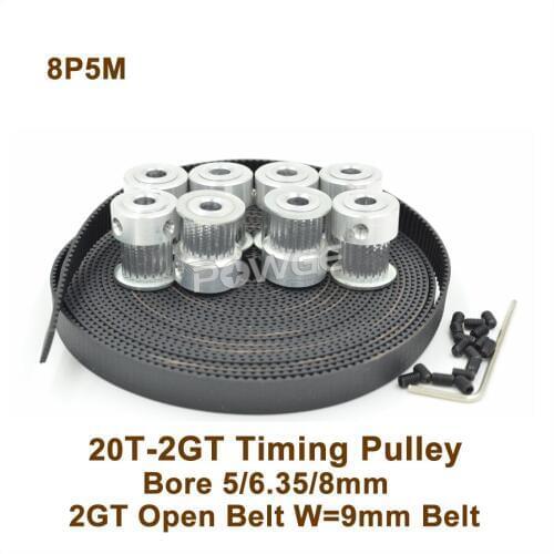 8pcs 20 Teeth 2GT Timing Pulley Bore 5/6.35/8mm & 5Meters 2GT Synchronous Belt W=9mm 20T 20Teeth GT2 Timing Belt Pulley 20-GT2