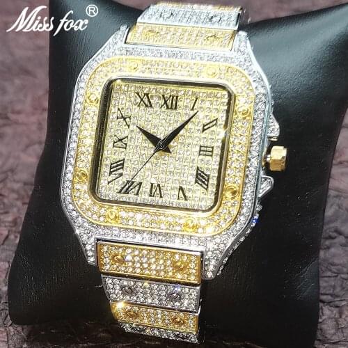 AAA Hip Hop MISSFOX Mens Watches Luxury Iced Out Waterproof Diamond Steel Gold Watch for Men Quartz Wristwatch Relogio Masculino