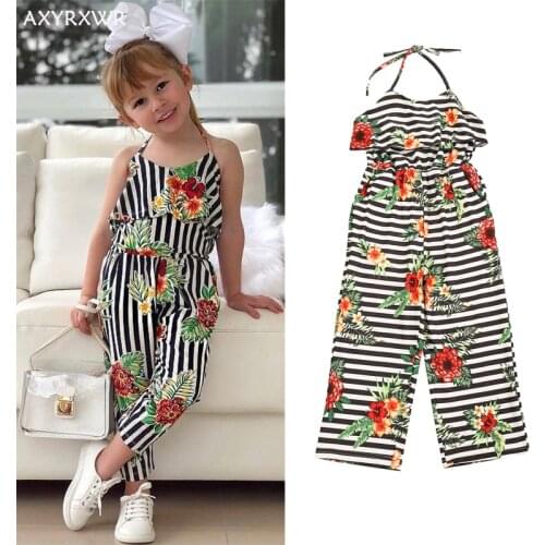 Kids Girls Halter Striped Floral Print Jumpsuit Stylish Jumpsuit for Children Girls
