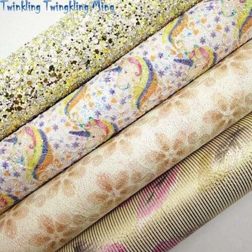 Mixed Colors Glitter leather, Unicorn Printed Glitter Leather, Feather Faux Fabric For Bow A4 21x29CM Twinkling Ming KM167