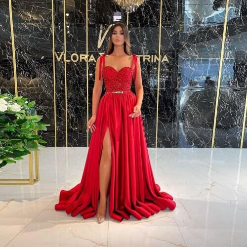 Exquisite Red A-Line Evening Dress Spaghetti Strap Beadings High Split Fromal Dress Arabia Prom Dress Custom Made Plus Size