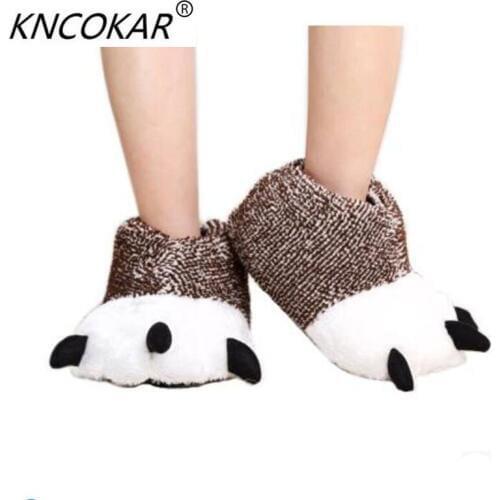 KNCOKAR Fluffy cotton slippers, winter dinosaur bear paw household gift couples floor cartoon maomao shoes for men and women