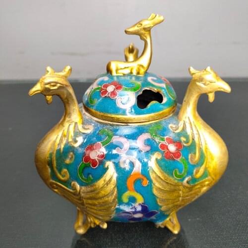 6"Tibet Temple Collection Old Bronze Cloisonne Enamel Three cranes incense burner Luhe Tongchun Town House Exorcism