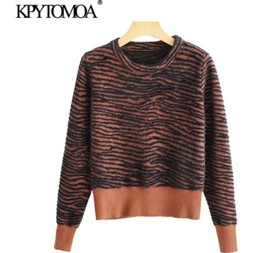 KPYTOMOA Women 2021 Fashion Zebra Print Cropped Knit Sweater Vintage O Neck Long Sleeve Female Pullovers Chic Tops