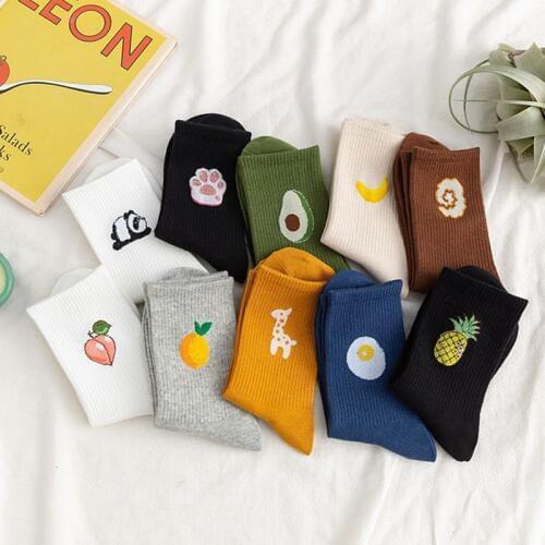 Cute Kawai Cartoon Pineapple Peach Avocado Embroidery Socks For Women Casual College Wind Cat Claw Breathable Cotton Sock