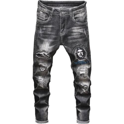 Che Guevara Badges Patch Destroyed Skinny Jeans Mens Stretch Denim Punk Fashion Cotton Black Jeans Hip Hop Pants #1901