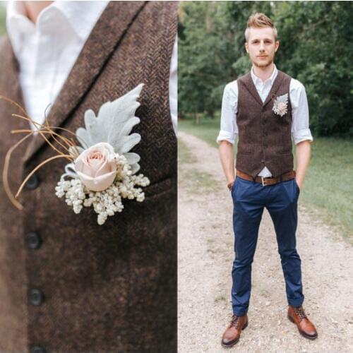 Cheap Country Farm Wedding Brown Wool Herringbone Tweed Vests Custom Made Groom Vest Slim Fit Mens Suit Vest Wedding Waistcoat