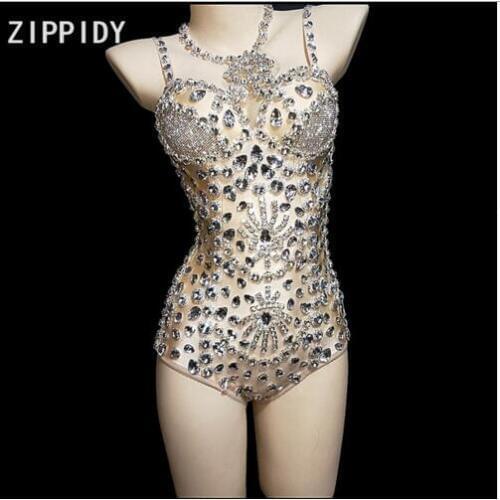 New design Silver Rhinestones Big Stones Birthday Celebrate Evening Outfit Nightclub Women Singer Dancer Show Clothes