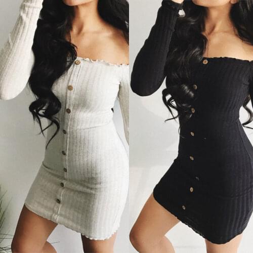 Autumn Women Sexy White Button Dress Slim Knit Mini Skirt Off Shoulder Long Sleeve Casual Comfortable Dress