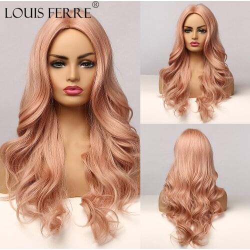 LOUIS FERRE Orange Pink Synthetic Hair Wig Natural Long Wave Wigs for Black/White Women Cosplay Party Daily Heat Resistant Fibre