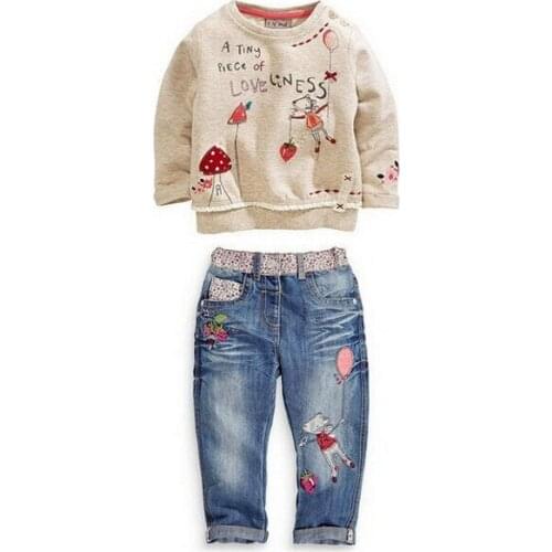 Pudcoco US Stock Cute Kids Baby Children Girls Cartoon Printed Long Sleeve Sweater + Jeans suit Cartoon Set Fashion Outfits