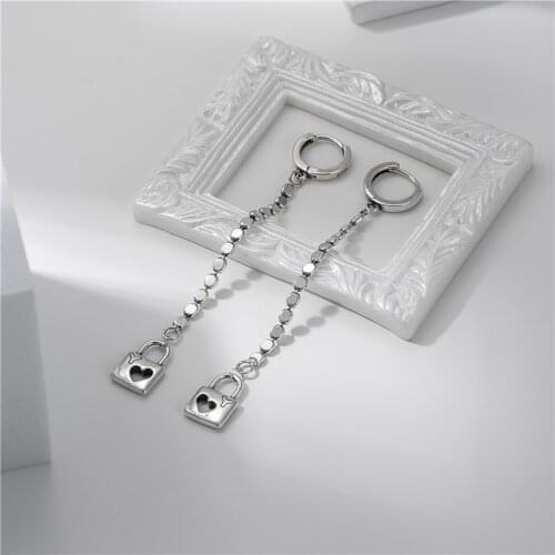 925 Sterling Silver Earring Fashion Chain Lock Cross Square Long Tassel Earring Drop Earring French Style Woman Girl Ear Jewelry