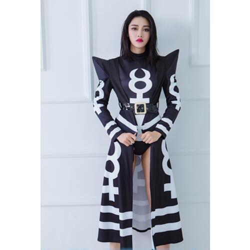 Sexy DJ stage clothing female black long clock jakcet bodysuit costume bar DS singer dance hip hop club set singer dancer