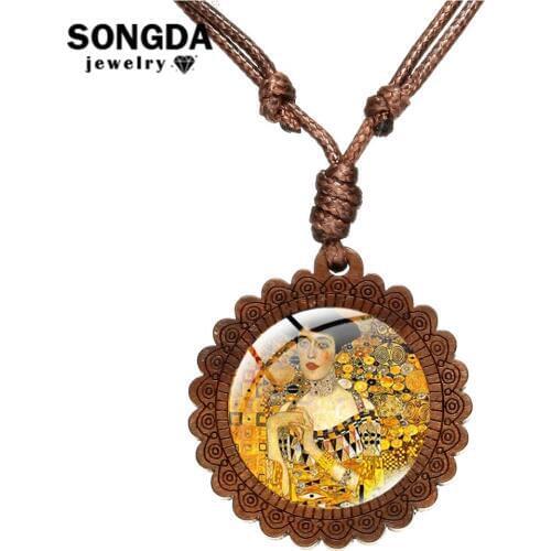 SONGDA Gustav Klimt Souvenir Necklace Classical Tree of Life Kiss Painting Art Printed Picture Glass Dome Wood Pendant Necklace