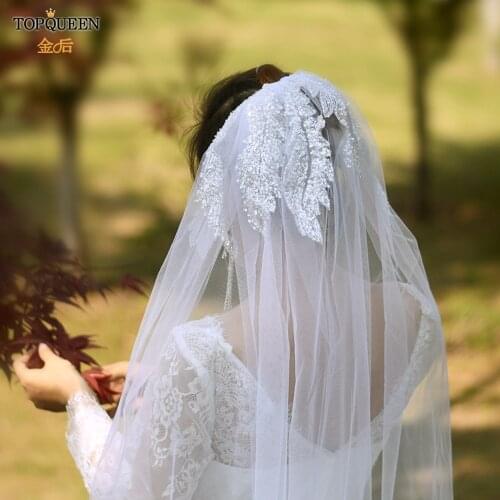 TOPQUEEN V19 Real PHotos Appliqued Cathedral Wedding Veil with Cut Edge white Ivory Handmade Sequins-Leaf for Bride Veil