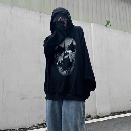 Oversized Black Devil Hoodie Streetwear Hip Hop Women Gothic Sweatshirts Casual Autumn High Street Hoodies Funny Punk Tops Men