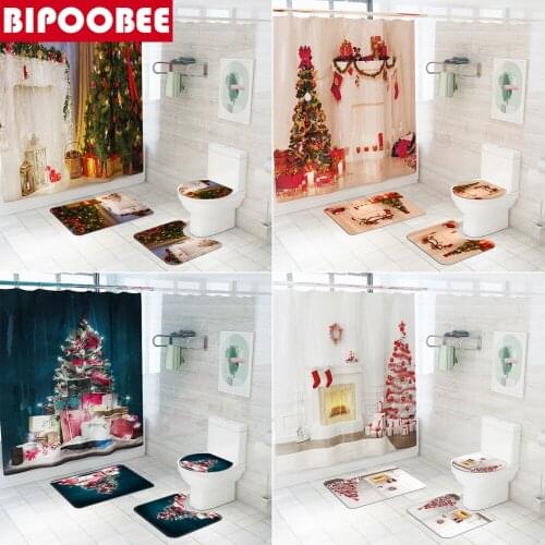 Christmas Tree Fireplace Print 3D Shower Curtains Waterproof Polyester Bathroom Curtain Anti-slip Bath Mat Set Toilet Rug Carpet