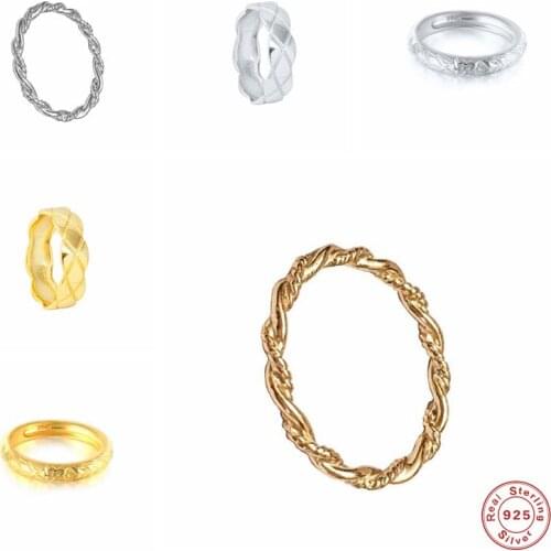 GS 925 Sterling Silver Minimalist Twisted Rings For Women Cross Stamp Flower Print Slim Finger Rings Wedding Party Jewelry