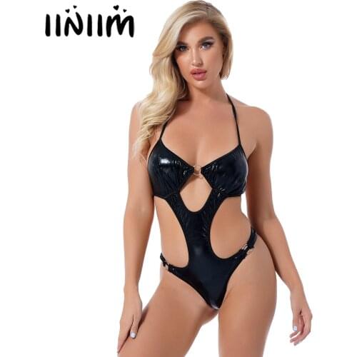 Womens Lingerie Patent Leather Bodysuit Halter Lace-up Cutout Nightclub Stage Show Costume Wet Look One-piece Swimsuit Swimwear