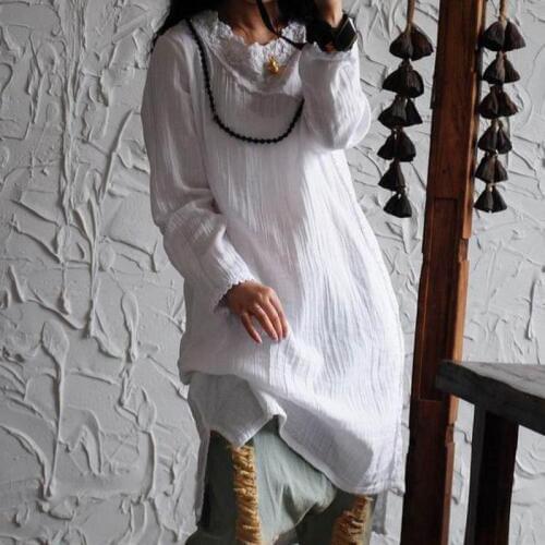 New 2020 Spring Embroidery Patchwork Cotton Linen Dress Women Robe Pink Blue Long Sleeve Irregular Casual Dresses Split Vestidos