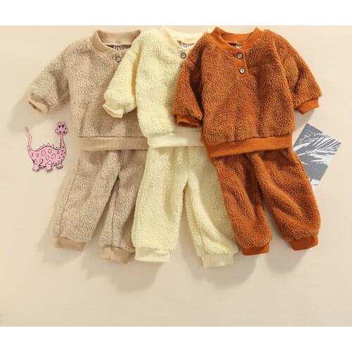 2Pcs Baby Girls Boys Autumn Winter Warm Outfit Solid Color Fluffy Plush Long Sleeve Round Collar Tops+Trousers Baby Clothes Set