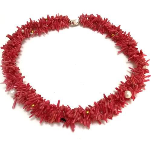 3 rows 18 inches 3-8mm White Pearls & Red Natural Branch Shaped Coral Necklace