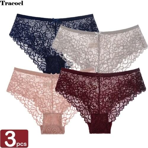 Tracoel 3Pcs Hollow Out Lace Panties For Women Bow Knot Seamless Female Plus Size Underwear Dropshipping Ladies Briefs Lingerie