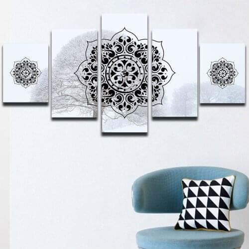 5 Pieces Wall Art Paintings For Living Room Snow Background Islamic Muslim Arabic Poster Print Mandala Pictures Modular Murals