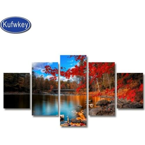 5d diy diamond painting cross stitch full square picture of rhinestones lake Autumn red maple leaves diamond embroidery 5 pcs