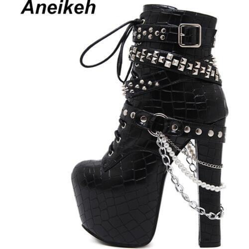 Aneikeh 2020 New PU Round Toe Super High Square Heel Women Shoes Sexy Cross-tied Style Short Tube Platform Motorcycle Boots