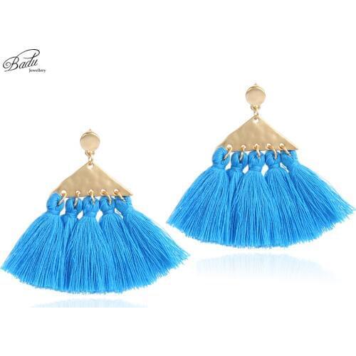 Badu Blue Fringe Earring Women Long Tassel Ethnic Bohemian Gold Triangle Dangle Earrings Daily Fashion Handcraft