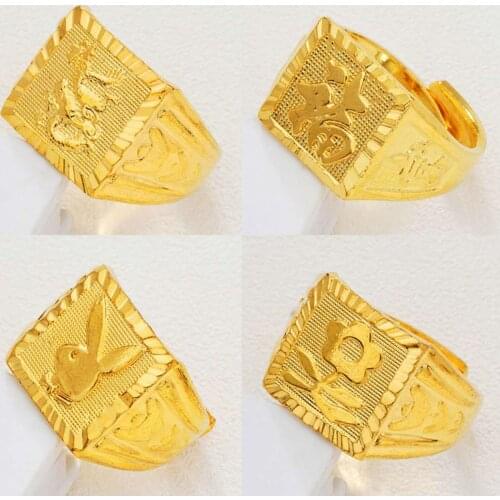 Big Men Rings 24K Gold Plated Rings for Men Square Fu Letter Dragon Flower Rabbit Ring Anniversary Birthday Fashin Jewelry Gift