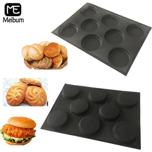 Meibum 8 Cavity Black Porous Silicone Mold Cookie Hamburger Mould Round Shape Bread Eclair Tray Non Stick Bakeware Baking Tools