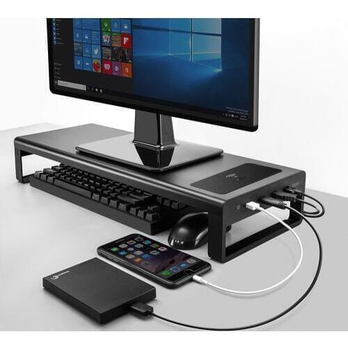 USB3.0 HUB Wireless Charging Aluminum Monitor Stand Riser Support Transfer Data and Charging,Keyboard and Mouse Storage Desk