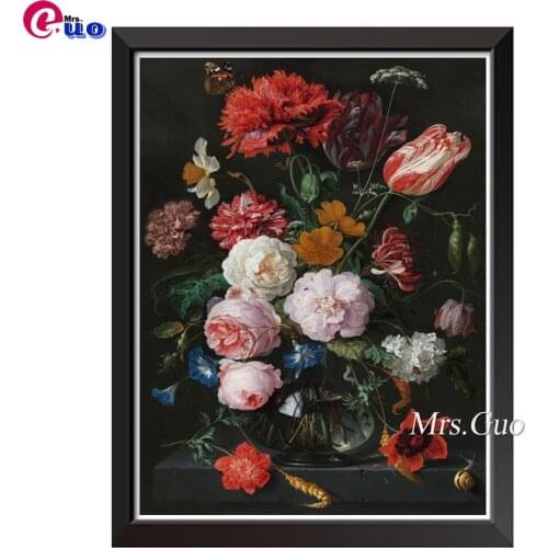 Europe Vintage Still Life With Flowers In A Glass Vase Full Square Round Stones 3D DIY Diamond Painting Kit Diamond Mosaic