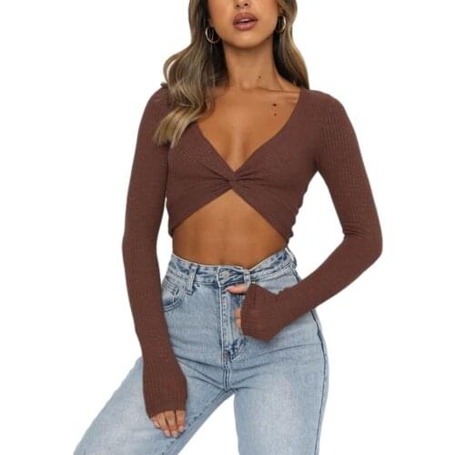 Hirigin 2021 New Fashion Female Crop Tops Solid Color Deep V-Neck Long Sleeve T-Shirt Knitwear for Spring Summer S/M/L Sexy